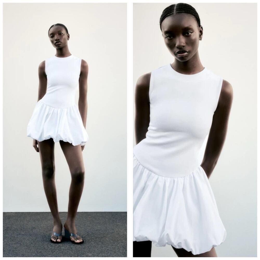 NWT Zara White Bubble Dress Size Small Sleeveless Stretch Drop Waist 4424/151